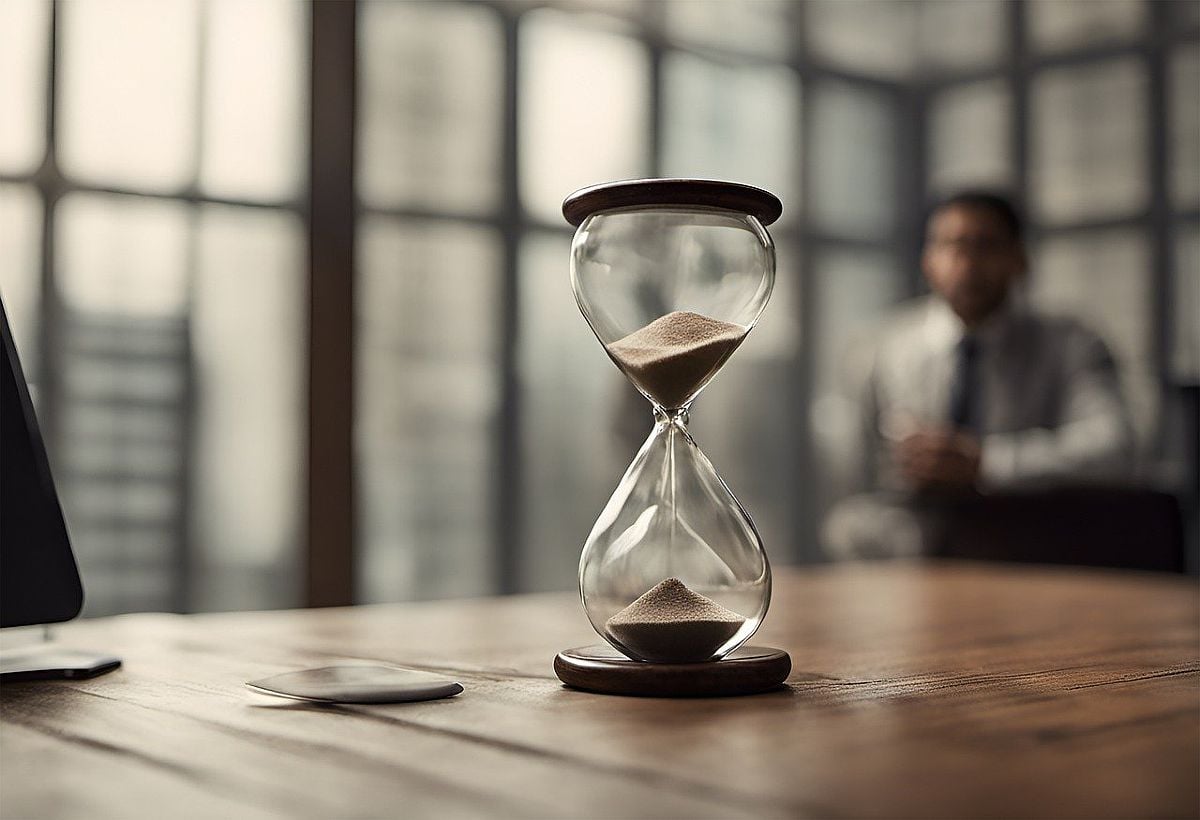 Un hombre mira un reloj de arena desde lejos